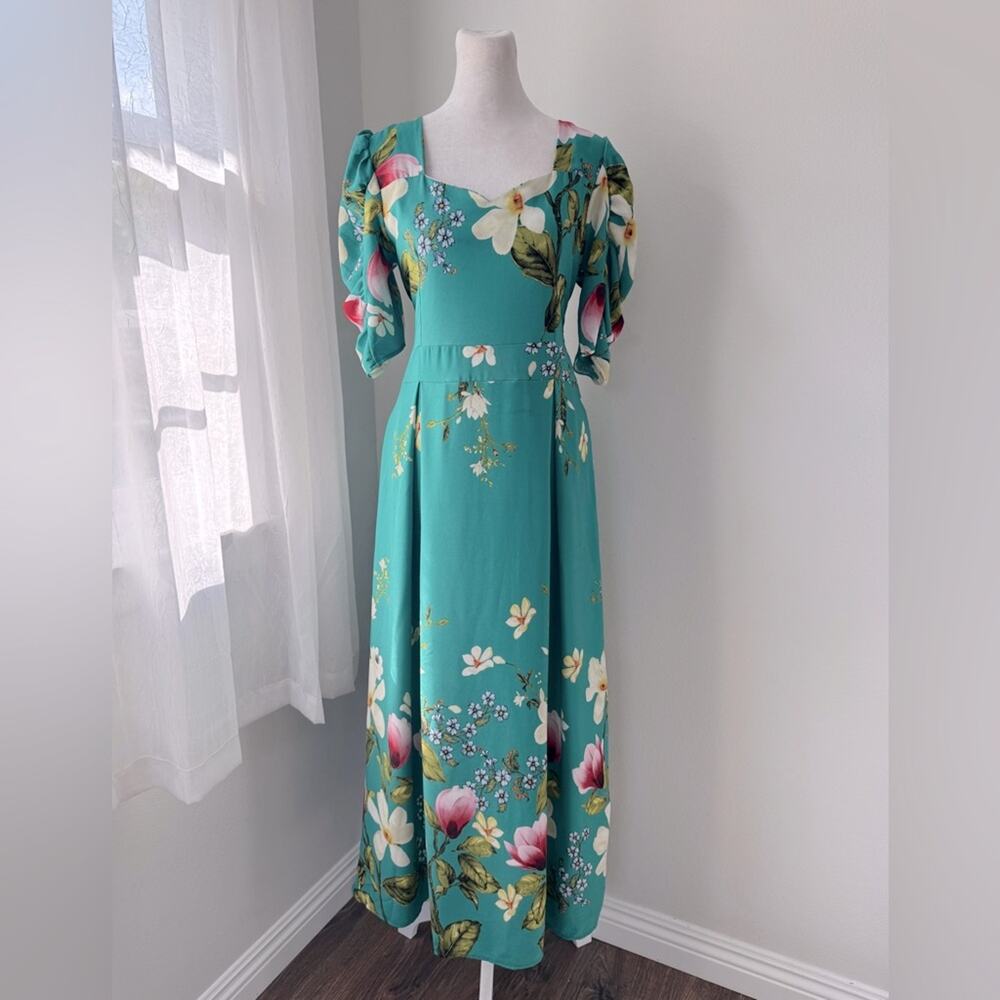 Minh Phuong Teal Floral Print Sweetheart Neckline Half Sleeve Maxi Dress